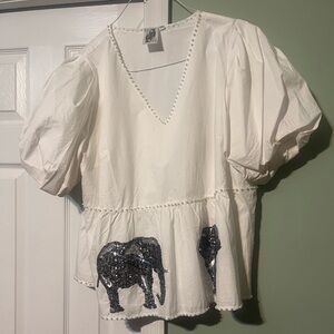 QUEEN OF SPARKLES White Puff Sleeve Sequin Elephant Peplum Blouse 2XL